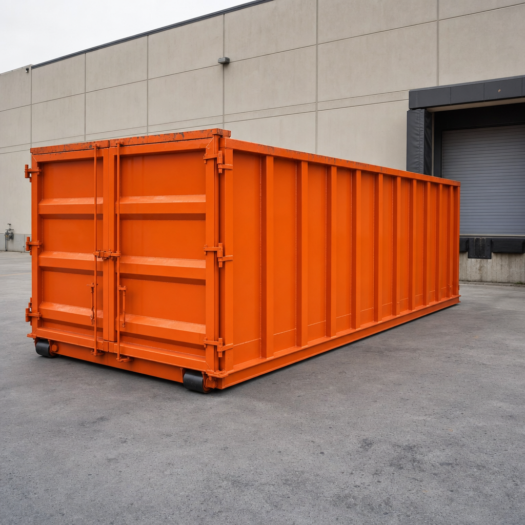 Large 40-yard safety-orange roll-off container resting at a commercial building loading area beside a concrete dock