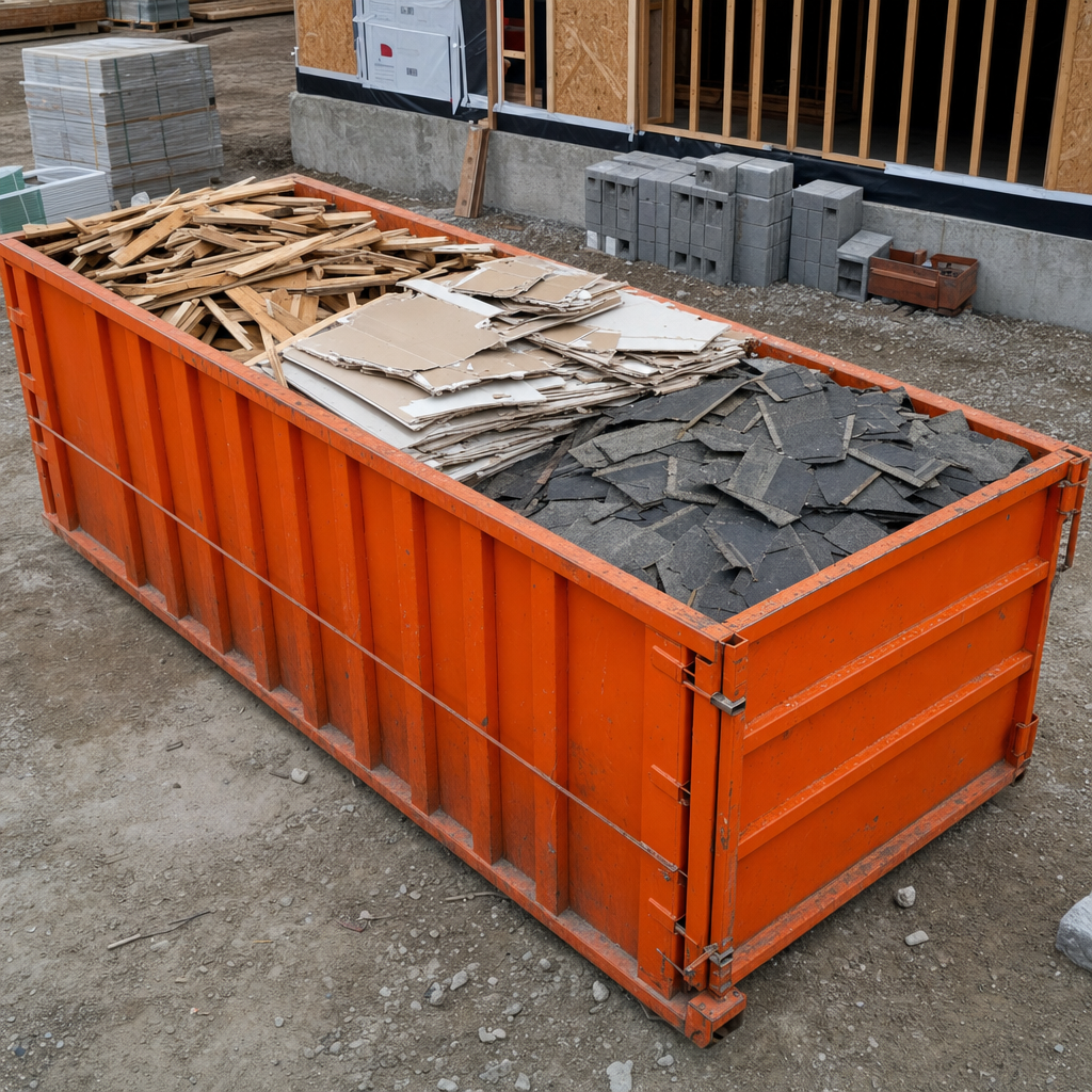 Elevated view into an orange roll-off dumpster loaded with sorted framing lumber, drywall and roofing shingles at a construction jobsite