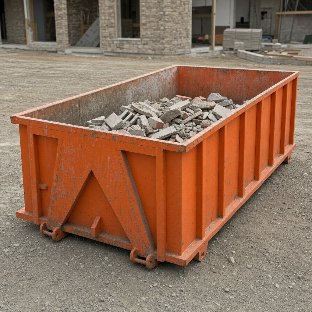Low-profile orange roll-off container loaded with broken concrete and brick rubble at a construction jobsite