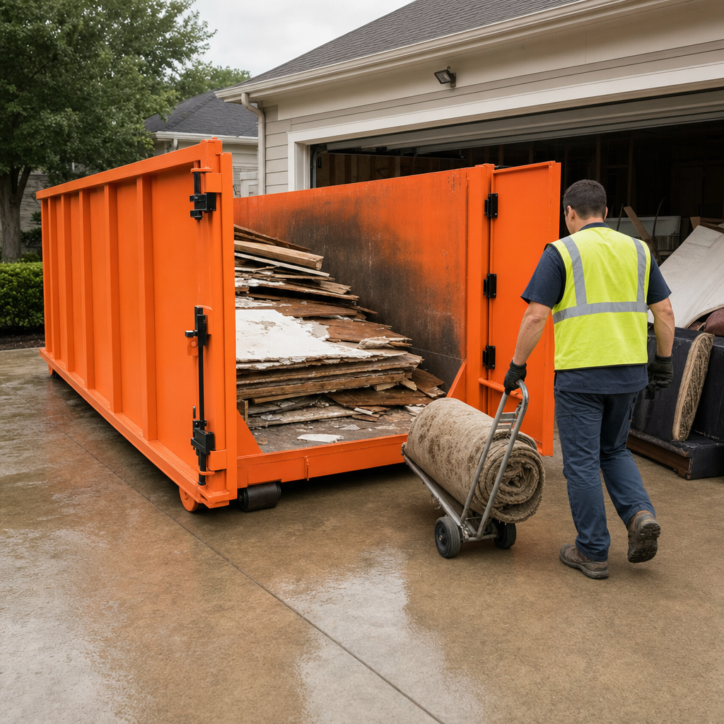 Orange roll-off dumpster on a driveway with its rear door open, a hi-vis worker wheeling soaked carpet inside during flood cleanup
