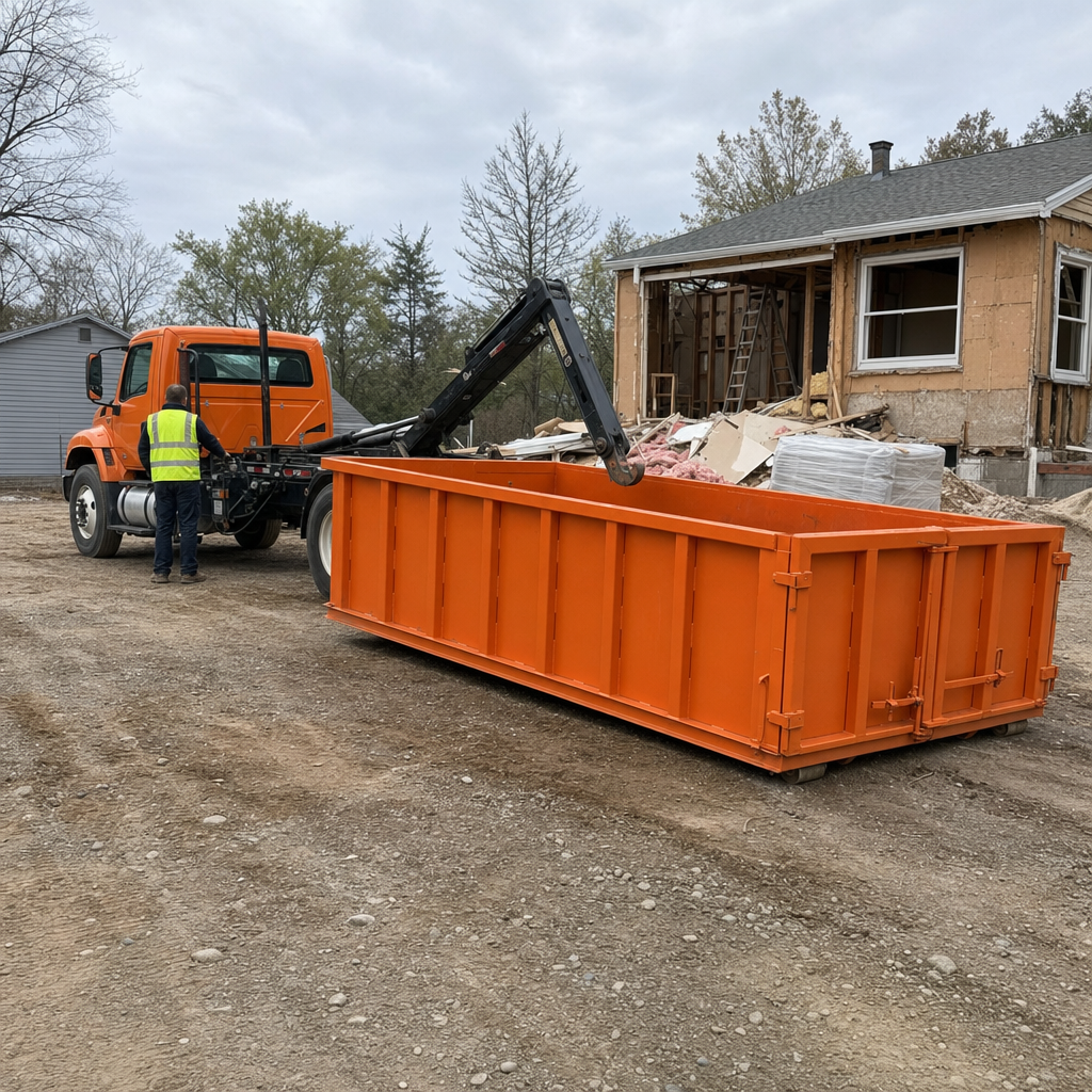 Roll-off delivery truck lowering an orange dumpster to the ground at an active construction and renovation jobsite