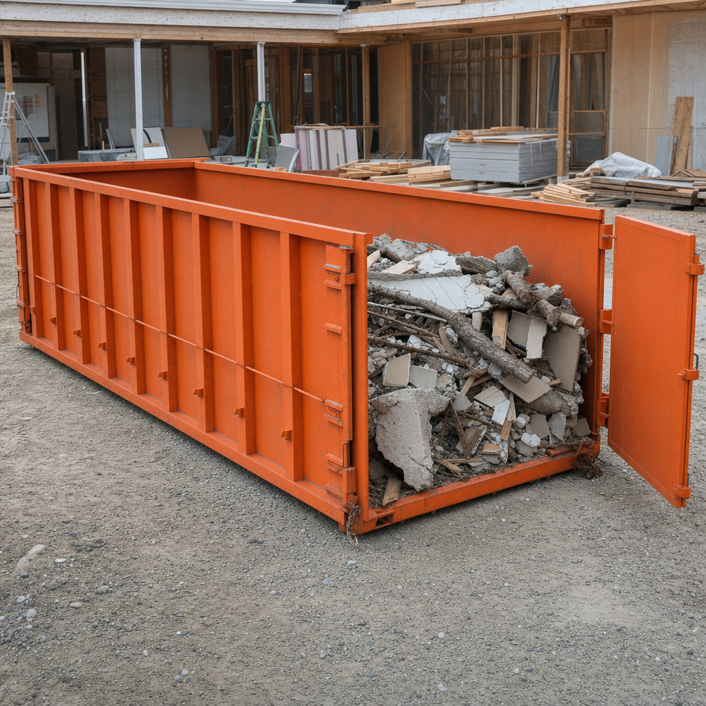 Safety-orange roll-off dumpster partly loaded with heavy mixed construction and storm debris at a jobsite