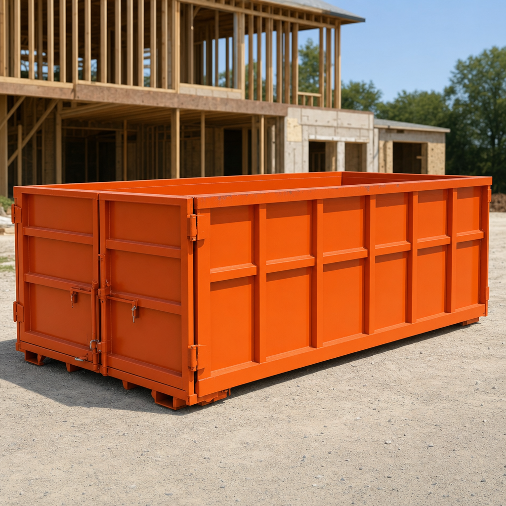 Safety-orange roll-off dumpster resting empty at an active construction and renovation jobsite