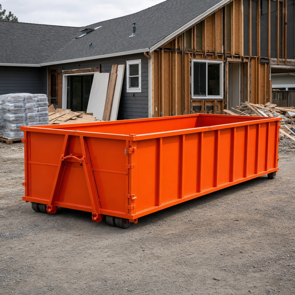 Safety-orange roll-off dumpster staged at an active construction and renovation jobsite