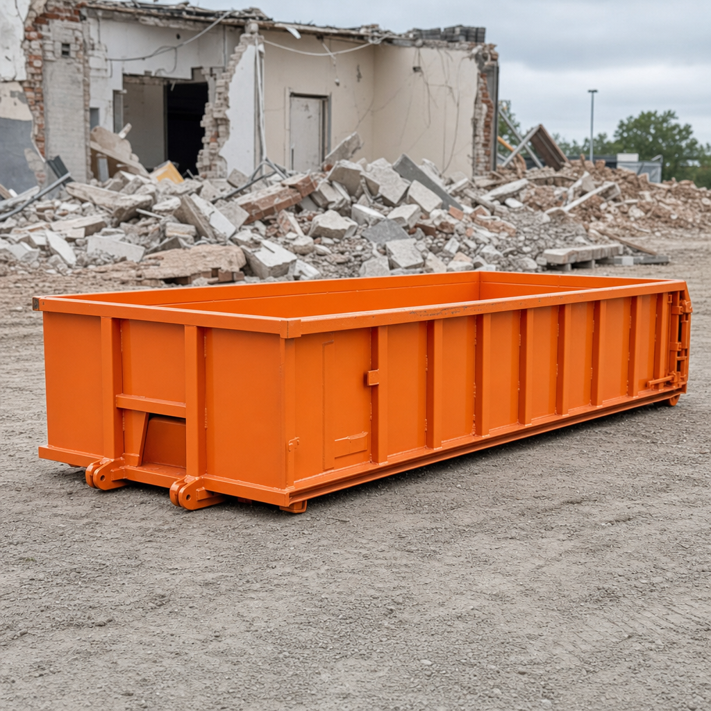 Low-profile orange heavy-debris roll-off container with low side walls staged at a demolition jobsite
