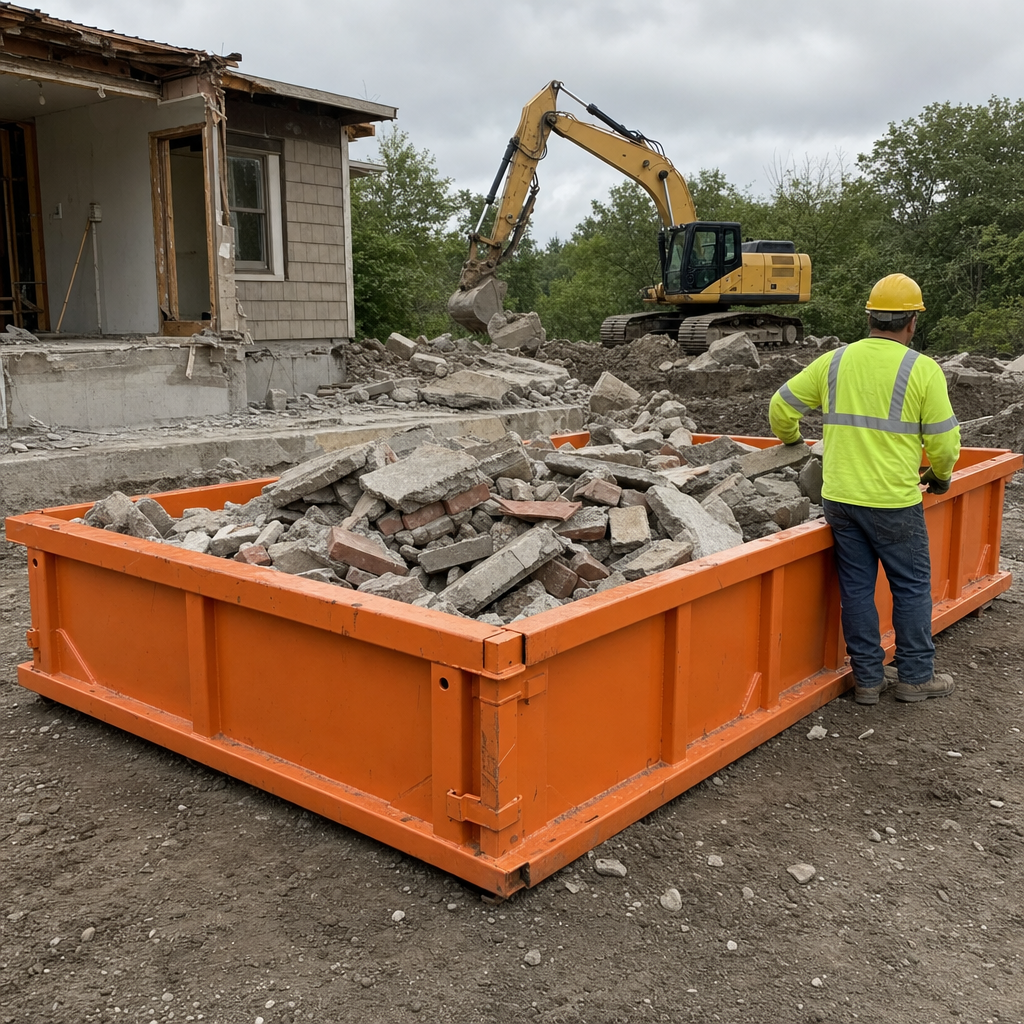 Low-profile orange roll-off container full of broken concrete and brick at an active demolition site, excavator working in the background