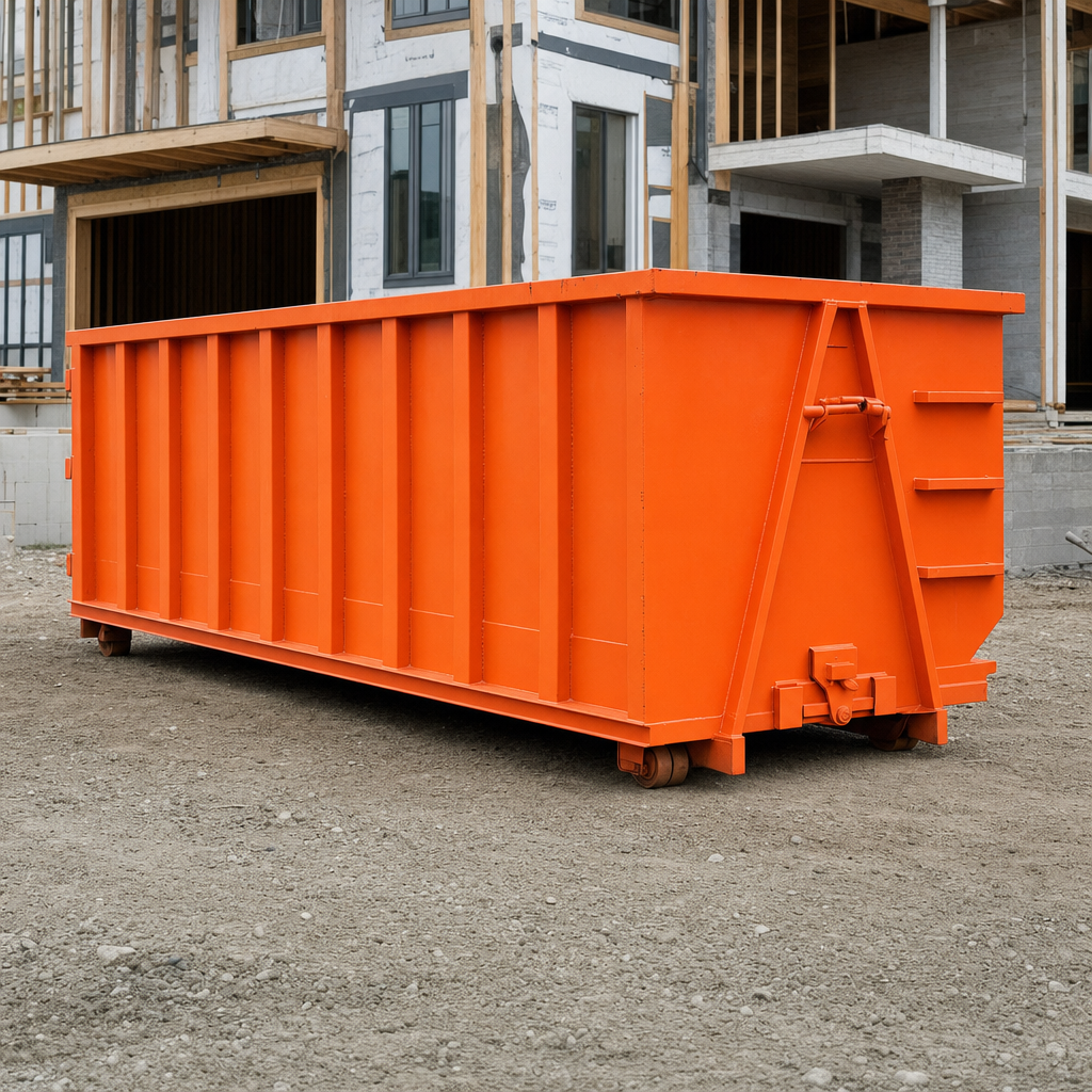 Safety-orange roll-off dumpster standing at an active construction jobsite, ready to load
